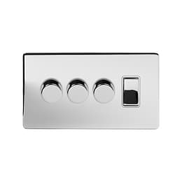 Soho Lighting Polished Chrome 4 Gang Switch with 3 Dimmers (3x150W LED Dimmer 1x20A Switch) White Inserts