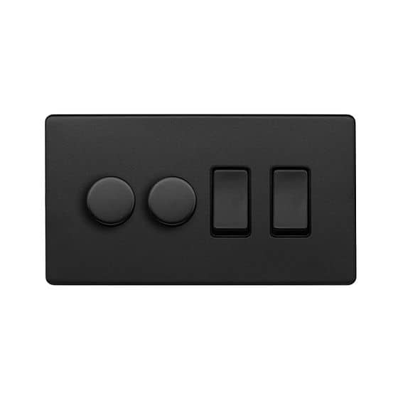 Soho Lighting Matt Black 4 Gang Dimmer and Rocker Switch Combo (2 x 2-Way intelligent Dimmer & 2 x 2-Way Switch)
