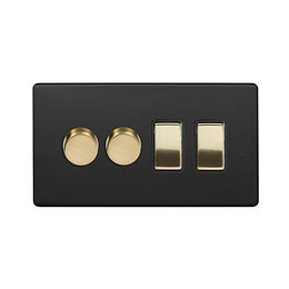 Soho Lighting Matt Black & Brushed Brass 4 Gang Switch with 2 Dimmers (2 x 2-Way intelligent Dimmer & 2 x 2-Way Switch)