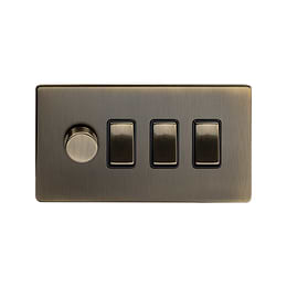 Soho Lighting Antique Brass 4 Gang Switch with 1 Dimmer (1x150W LED Dimmer 3x20A Switch)