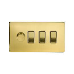 Soho Lighting Brushed Brass 4 Gang Switch with 1 Dimmer (1x150W LED Dimmer 3x20A Switch) White Inserts