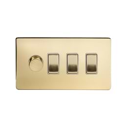 Soho Lighting Brushed Brass 4 Gang Switch with 1 Dimmer (1x150W LED Dimmer 3x20A Switch) White Inserts