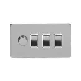 Soho Lighting Brushed Chrome 4 Gang Switch with 1 Dimmer (1x150W LED Dimmer 3x20A Switch) White Inserts