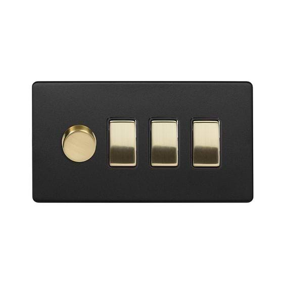 Soho Lighting Matt Black & Brushed Brass 4 Gang Dimmer and Rocker Switch Combo (1 x 2 -Way Intelligent Dimmer & 3 x 2-Way Switch)