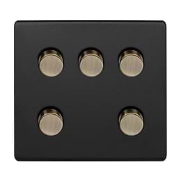 Soho Lighting Matt Black and Antique Brass 5 Gang 2 -Way Intelligent Dimmer 150W LED (300w Halogen/Incandescent)