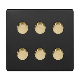 Soho Lighting Matt Black & Brushed Brass 6 Gang Intelligent Trailing Dimmer Switch Screwless LED 150W LED (300w Halogen/Incandescent)