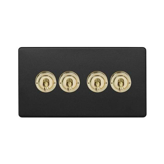 Soho Lighting Matt Black & Brushed Brass 20A 4 Gang 2 Way Toggle Switch Screwless