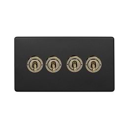 Matt Black and Antique Brass 4 Gang Toggle Light Switch
