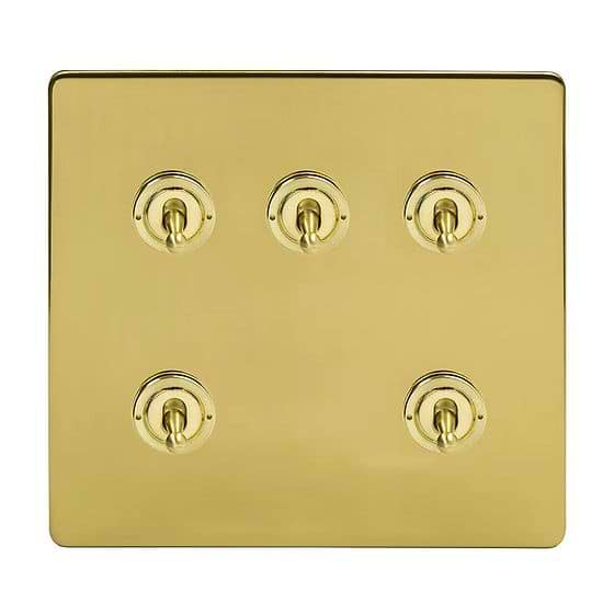 Soho Lighting Brushed Brass 5 Gang Toggle Light Switch 20A 2 Way Screwless