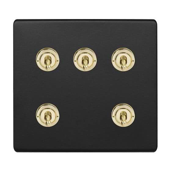 Soho Lighting Matt Black & Brushed Brass 5 Gang Toggle Light Switch 20A 2 Way Screwless