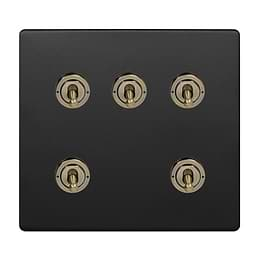 Soho Lighting Matt Black and Antique Brass 5 Gang Toggle Light Switch 20A 2 Way