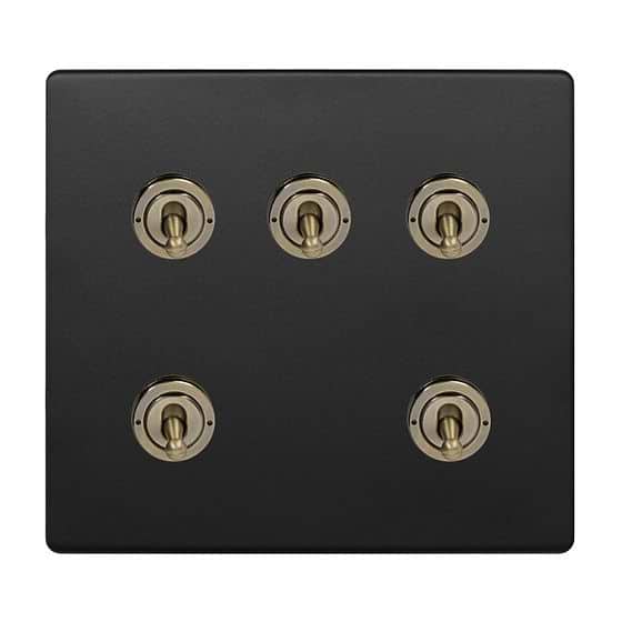 Matt Black and Antique Brass 5 Gang Toggle Switch

