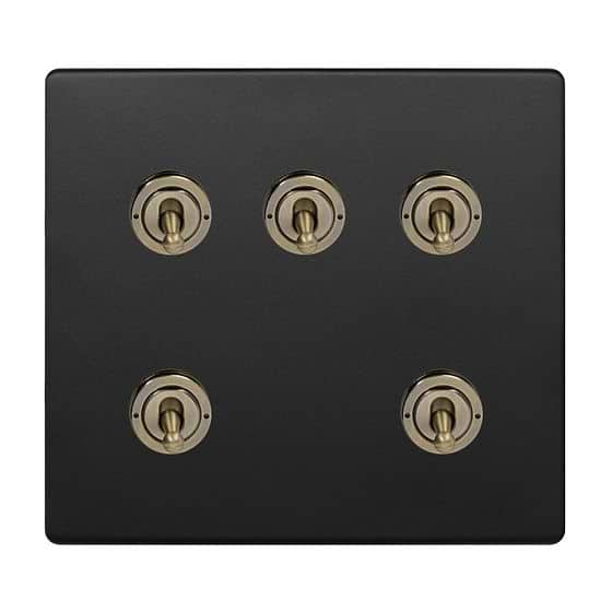 Soho Lighting Matt Black and Antique Brass 5 Gang Toggle Light Switch 20A 2 Way