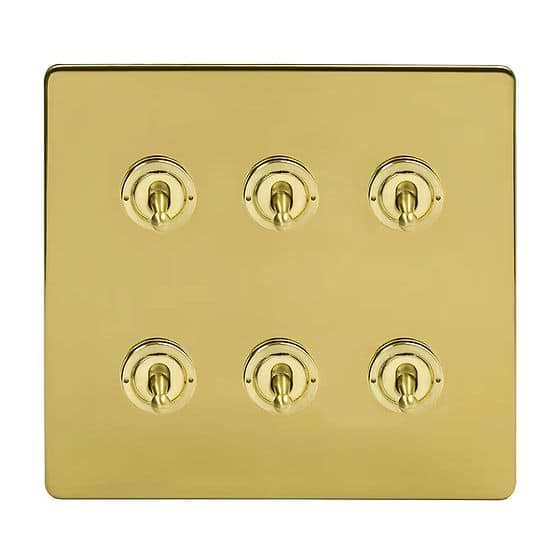 Soho Lighting Brushed Brass 6 Gang Toggle Light Switch 20A 2 Way Screwless