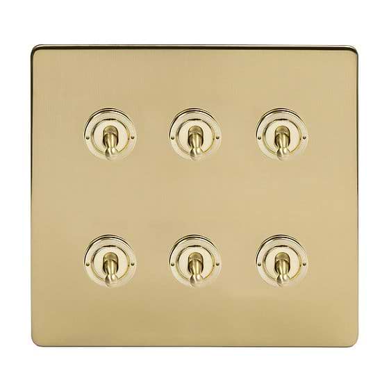 Soho Lighting Brushed Brass 6 Gang Toggle Light Switch 20A 2 Way Screwless