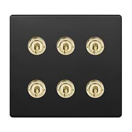 Matt Black and Brass 6 Gang Toggle Switch