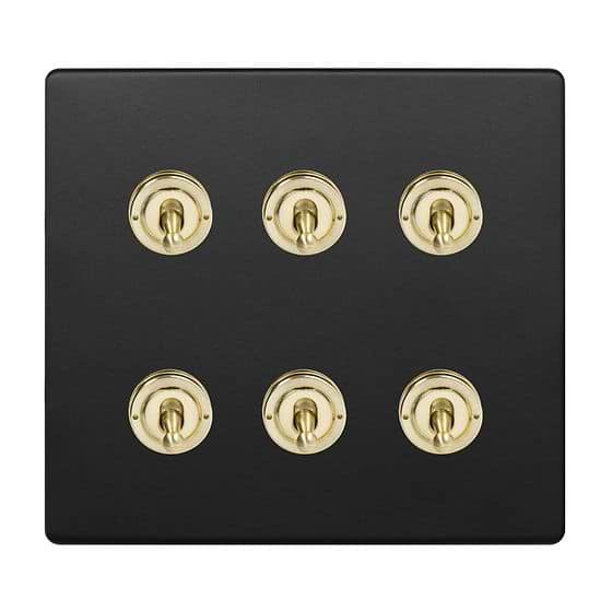 Soho Lighting Matt Black & Brushed Brass 6 Gang Toggle Light Switch 20A 2 Way Screwless