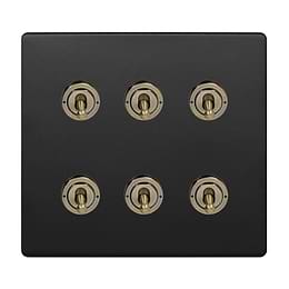 Matt Black and Antique Brass 6 Gang Toggle Switch
