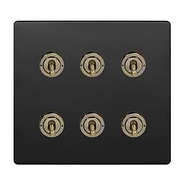 Soho Lighting Matt Black and Antique Brass 6 Gang Toggle Light Switch 20A 2 Way