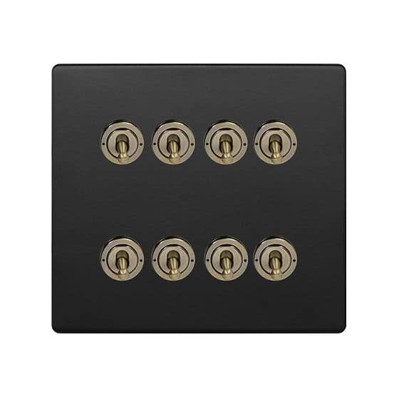Matt Black and Antique Brass 8 Gang Toggle Switch
