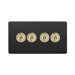 Soho Lighting Matt Black & Brushed Brass 20A 4 Gang Intermediate Toggle Screwless