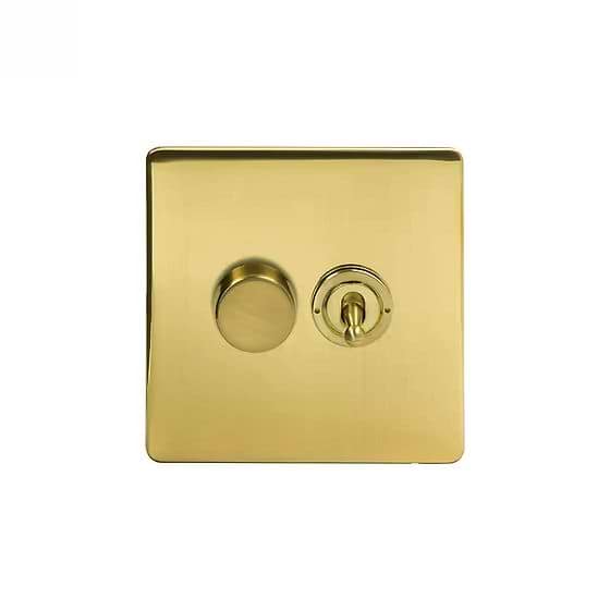 Soho Lighting Brushed Brass 2 Gang Dimmer and Toggle Switch Combo (1x150W LED Dimmer 1x20A 2 Way Toggle)