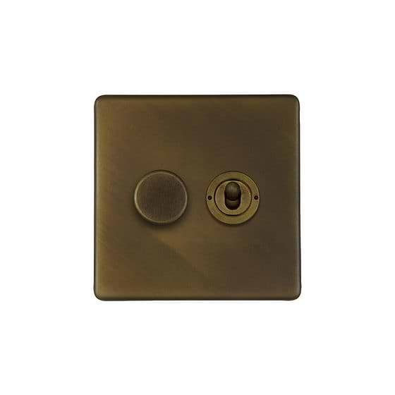 Soho Lighting Vintage Brass 2 Gang Dimmer and Toggle Switch Combo (1 x 150W LED Dimmer 1 x 20A 2 Way Toggle)