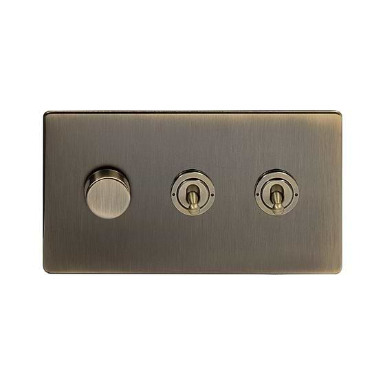 Soho Lighting Antique Brass 3 Gang Switch with 1 Dimmer (1x150W LED Dimmer 2x20A 2 Way Toggle)