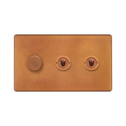 Soho Lighting Antique Copper 3 Gang Switch with 1 Dimmer (1x150W LED Dimmer 2x20A 2 Way Toggle)