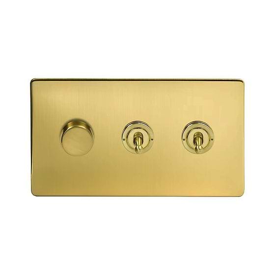 Soho Lighting Brushed Brass 3 Gang Switch with 1 Dimmer (1x150W LED Dimmer 2x20A 2 Way Toggle)