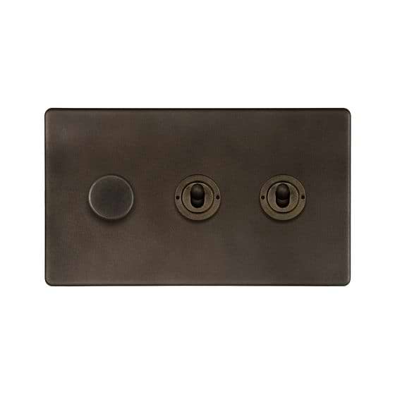 Soho Lighting Vintage Brass 3 Gang Switch with 1 Dimmer (1 x 150W LED Dimmer 2 x 20A 2 Way Toggle)