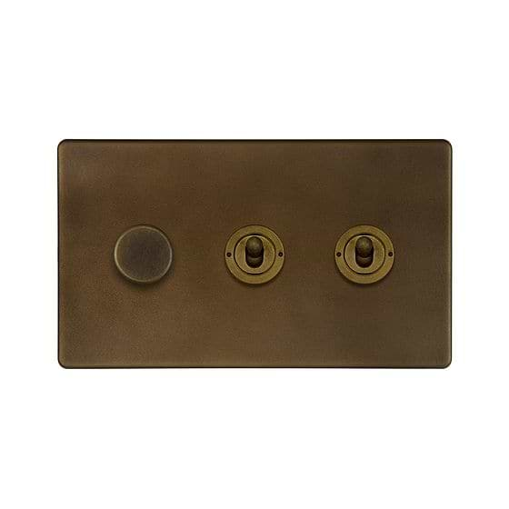 Soho Lighting Vintage Brass 3 Gang Switch with 1 Dimmer (1 x 150W LED Dimmer 2 x 20A 2 Way Toggle)