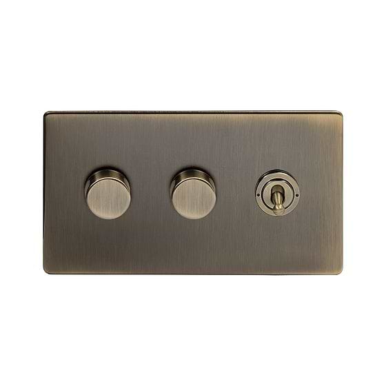Soho Lighting Antique Brass 3 Gang Switch with 2 Dimmers (2x150W LED Dimmer 1x20A 2 Way Toggle)