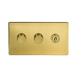 Soho Lighting Brushed Brass 3 Gang Switch with 2 Dimmers (2x150W LED Dimmer 1x20A 2 Way Toggle)
