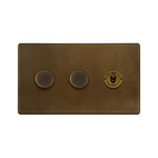 Soho Lighting Vintage Brass 3 Gang Switch with 2 Dimmers (2 x 150W LED Dimmer 1 x 20A 2 Way Toggle)