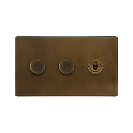 Soho Lighting Vintage Brass 3 Gang Switch with 2 Dimmers (2 x 150W LED Dimmer 1 x 20A 2 Way Toggle)