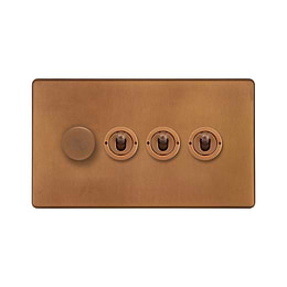 Soho Lighting Antique Copper 4 Gang Switch with 1 Dimmer (1x150W LED Dimmer 3x20A 2 Way Toggle)