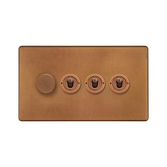 Soho Lighting Antique Copper 4 Gang Switch with 1 Dimmer (1x150W LED Dimmer 3x20A 2 Way Toggle)