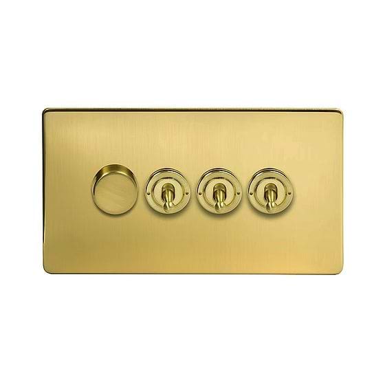 Soho Lighting Brushed Brass 4 Gang Switch with 1 Dimmer (1x150W LED Dimmer 3x20A 2 Way Toggle)