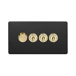 Soho Lighting Matt Black & Brushed Brass 4 Gang Switch with 1 Dimmer (1x150W LED Dimmer 3x20A 2 Way Toggle)