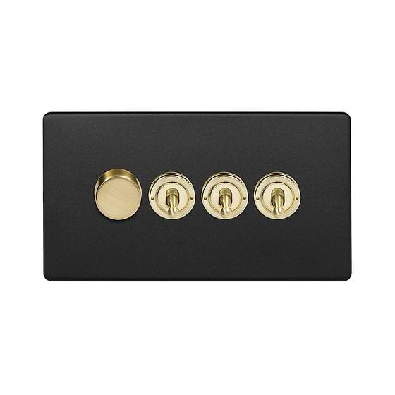 Soho Lighting Matt Black & Brushed Brass 4 Gang Switch with 1 Dimmer (1x150W LED Dimmer 3x20A 2 Way Toggle)