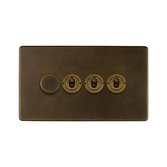 Soho Lighting Vintage Brass 4 Gang Switch with 1 Dimmer (1 x 150W LED Dimmer 3 x 20A 2 Way Toggle)