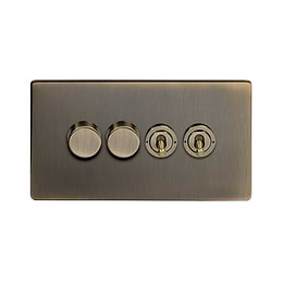 Soho Lighting Antique Brass 4 Gang Switch with 2 Dimmers (2x150W LED Dimmer 2x20A 2 Way Toggle)