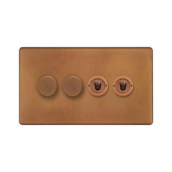 Soho Lighting Antique Copper 4 Gang Switch with 2 Dimmers (2x150W LED Dimmer 2x20A 2 Way Toggle)
