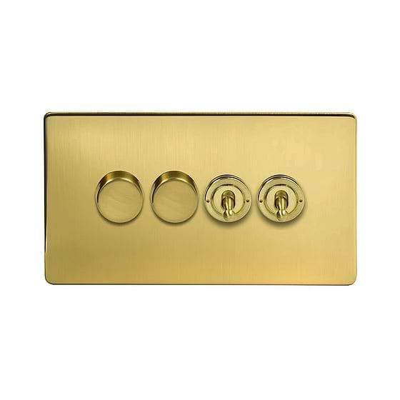 Soho Lighting Brushed Brass 4 Gang Switch with 2 Dimmers (2x150W LED Dimmer 2x20A 2 Way Toggle)