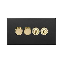 Soho Lighting Matt Black & Brushed Brass 4 Gang Switch with 2 Dimmers (2x150W LED Dimmer 2x20A 2 Way Toggle)