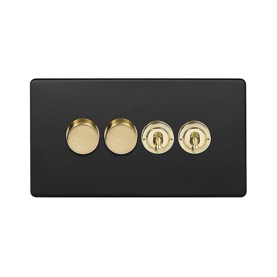 Soho Lighting Matt Black & Brushed Brass 4 Gang Switch with 2 Dimmers (2x150W LED Dimmer 2x20A 2 Way Toggle)