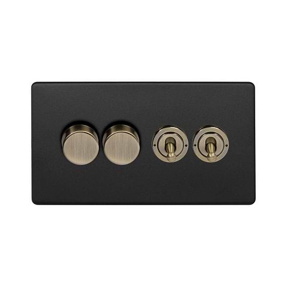 Soho Lighting Matt Black and Antique Brass 4 Gang Switch with 2 Dimmers (2x150W LED Dimmer 2x20A 2 Way Toggle)