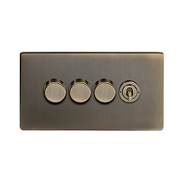 Soho Lighting Antique Brass 4 Gang Switch with 3 Dimmers (3x150W LED Dimmer 1x20A 2 Way Toggle)