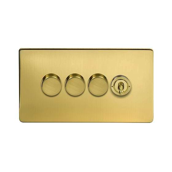 Soho Lighting Brushed Brass 4 Gang Switch with 3 Dimmers (3x150W LED Dimmer 1x20A 2 Way Toggle)